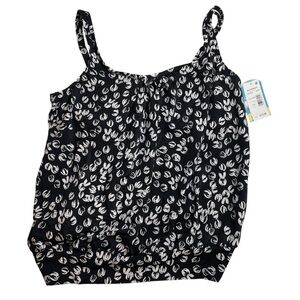 Swim Solutions Printed Shirred Neck Tankini Swim Top Black White Size 16 New
